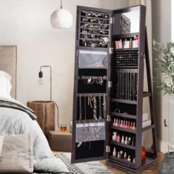 360° Drehbarer Schmuckschrank mit Ganzkörperspiegel Spiegelschrank mit Schmuckaufbewahrung