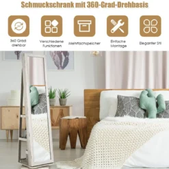 360° Drehbarer Schmuckschrank mit Ganzkörperspiegel Spiegelschrank mit Schmuckaufbewahrung