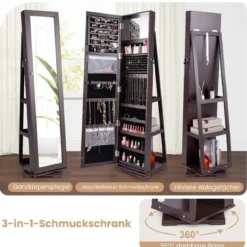 360° Drehbarer Schmuckschrank mit Ganzkörperspiegel Spiegelschrank mit Schmuckaufbewahrung