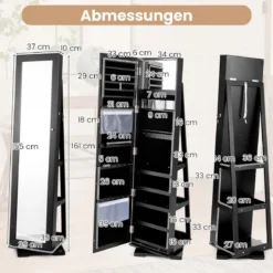 360° Drehbarer Schmuckschrank mit Ganzkörperspiegel Spiegelschrank mit Schmuckaufbewahrung