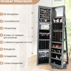 360° Drehbarer Schmuckschrank mit Ganzkörperspiegel Spiegelschrank mit Schmuckaufbewahrung