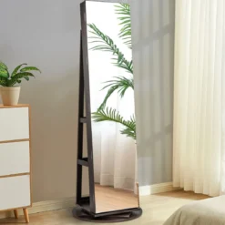 360° Drehbarer Schmuckschrank mit Dreifarbigen LED-Leuchten Freistehender Spiegelschrank