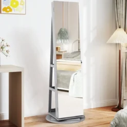 360° Drehbarer Schmuckschrank mit Dreifarbigen LED-Leuchten Freistehender Spiegelschrank