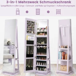 360° Drehbarer Schmuckschrank mit Dreifarbigen LED-Leuchten Freistehender Spiegelschrank