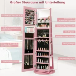 360° Drehbarer Schmuckschrank mit Dreifarbigen LED-Leuchten Freistehender Spiegelschrank