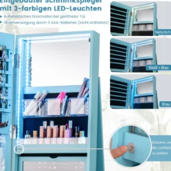 360° Drehbarer Schmuckschrank mit Dreifarbigen LED-Leuchten Freistehender Spiegelschrank