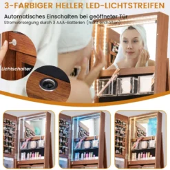 360° Drehbarer Schmuckschrank mit Dreifarbigen LED-Leuchten Freistehender Spiegelschrank
