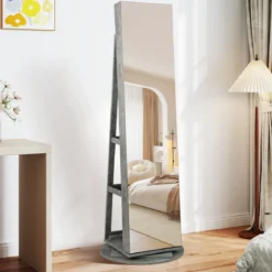 360° Drehbarer Schmuckschrank mit Dreifarbigen LED-Leuchten Freistehender Spiegelschrank