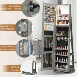 360° Drehbarer Schmuckschrank mit Dreifarbigen LED-Leuchten Freistehender Spiegelschrank
