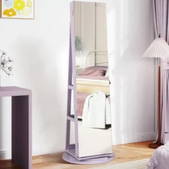 360° Drehbarer Schmuckschrank mit Dreifarbigen LED-Leuchten Freistehender Spiegelschrank