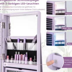 360° Drehbarer Schmuckschrank mit Dreifarbigen LED-Leuchten Freistehender Spiegelschrank