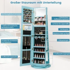 360° Drehbarer Schmuckschrank mit Dreifarbigen LED-Leuchten Freistehender Spiegelschrank