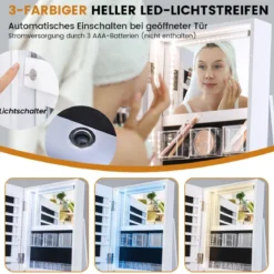 360° Drehbarer Schmuckschrank mit Dreifarbigen LED-Leuchten Freistehender Spiegelschrank