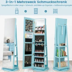 360° Drehbarer Schmuckschrank mit Dreifarbigen LED-Leuchten Freistehender Spiegelschrank