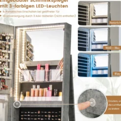 360° Drehbarer Schmuckschrank mit Dreifarbigen LED-Leuchten Freistehender Spiegelschrank