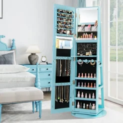 360° Drehbarer Schmuckschrank mit Dreifarbigen LED-Leuchten Freistehender Spiegelschrank