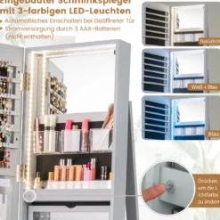 360° Drehbarer Schmuckschrank mit Dreifarbigen LED-Leuchten Freistehender Spiegelschrank