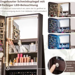 360° Drehbarer Schmuckschrank mit Dreifarbigen LED-Leuchten Freistehender Spiegelschrank