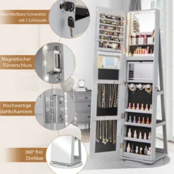 360° Drehbarer Schmuckschrank mit Dreifarbigen LED-Leuchten Freistehender Spiegelschrank