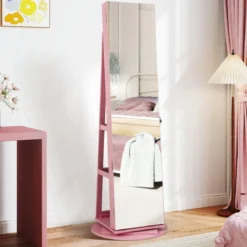 360° Drehbarer Schmuckschrank mit Dreifarbigen LED-Leuchten Freistehender Spiegelschrank