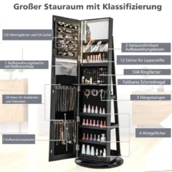 360° Drehbarer Schmuckschrank mit Dreifarbigen LED-Leuchten Freistehender Spiegelschrank