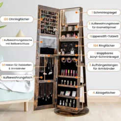360° Drehbarer Schmuckschrank mit Dreifarbigen LED-Leuchten Freistehender Spiegelschrank