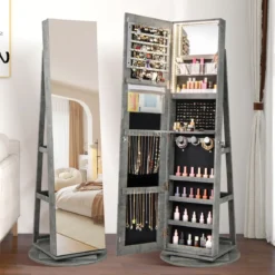 360° Drehbarer Schmuckschrank mit Dreifarbigen LED-Leuchten Freistehender Spiegelschrank