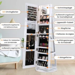 360° Drehbarer Schmuckschrank mit Dreifarbigen LED-Leuchten Freistehender Spiegelschrank
