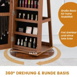 360° Drehbarer Schmuckschrank mit Dreifarbigen LED-Leuchten Freistehender Spiegelschrank