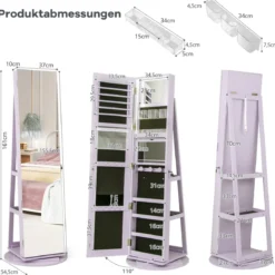 360° Drehbarer Schmuckschrank mit Dreifarbigen LED-Leuchten Freistehender Spiegelschrank