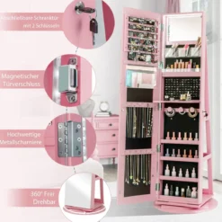 360° Drehbarer Schmuckschrank mit Dreifarbigen LED-Leuchten Freistehender Spiegelschrank