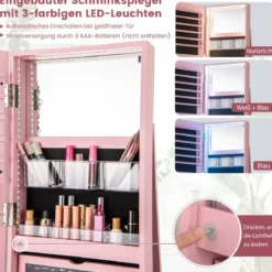360° Drehbarer Schmuckschrank mit Dreifarbigen LED-Leuchten Freistehender Spiegelschrank