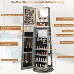 360° Drehbarer Schmuckschrank mit Dreifarbigen LED-Leuchten Freistehender Spiegelschrank