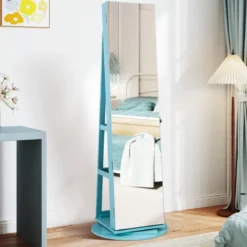 360° Drehbarer Schmuckschrank mit Dreifarbigen LED-Leuchten Freistehender Spiegelschrank