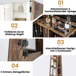 360° Drehbarer Schmuckschrank mit Dreifarbigen LED-Leuchten Freistehender Spiegelschrank