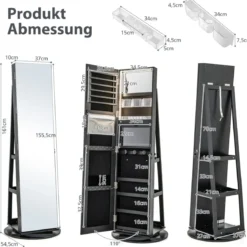 360° Drehbarer Schmuckschrank mit Dreifarbigen LED-Leuchten Freistehender Spiegelschrank