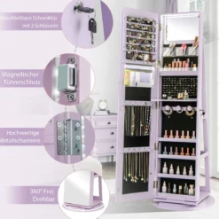 360° Drehbarer Schmuckschrank mit Dreifarbigen LED-Leuchten Freistehender Spiegelschrank