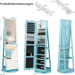 360° Drehbarer Schmuckschrank mit Dreifarbigen LED-Leuchten Freistehender Spiegelschrank