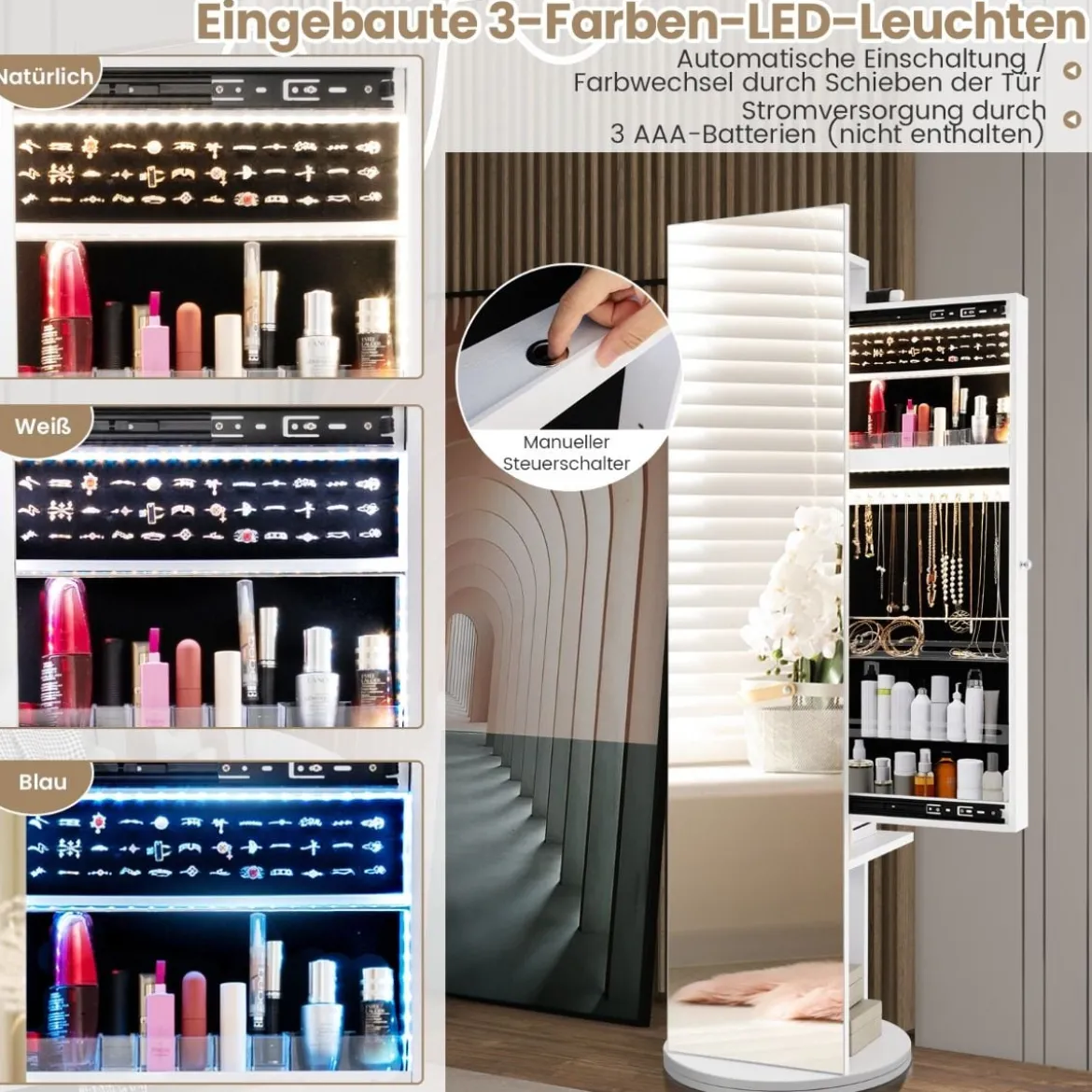 360° Drehbarer Schmuckschrank mit Spiegel & LED-Leuchten Freistehender Spiegelschrank