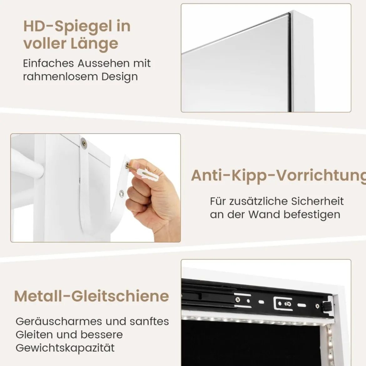 360° Drehbarer Schmuckschrank mit Spiegel & LED-Leuchten Freistehender Spiegelschrank