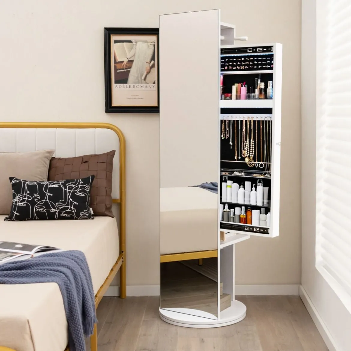 360° Drehbarer Schmuckschrank mit Spiegel & LED-Leuchten Freistehender Spiegelschrank