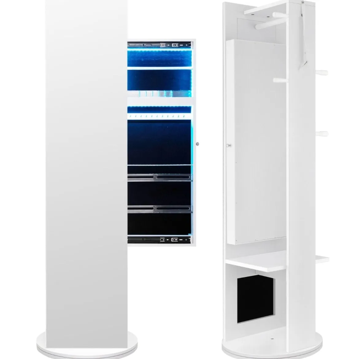 360° Drehbarer Schmuckschrank mit Spiegel & LED-Leuchten Freistehender Spiegelschrank