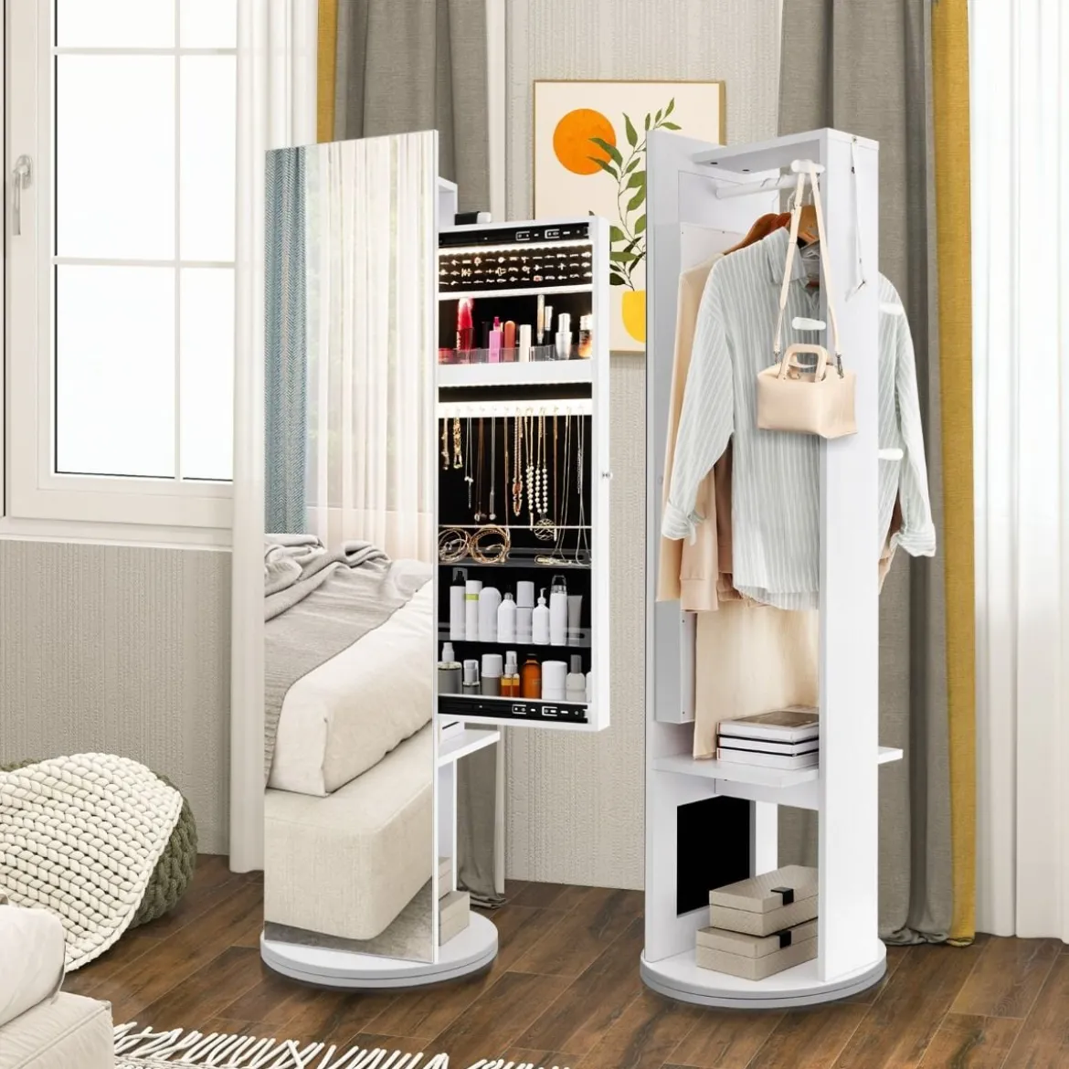 360° Drehbarer Schmuckschrank mit Spiegel & LED-Leuchten Freistehender Spiegelschrank