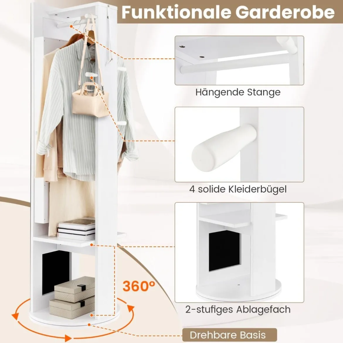 360° Drehbarer Schmuckschrank mit Spiegel & LED-Leuchten Freistehender Spiegelschrank