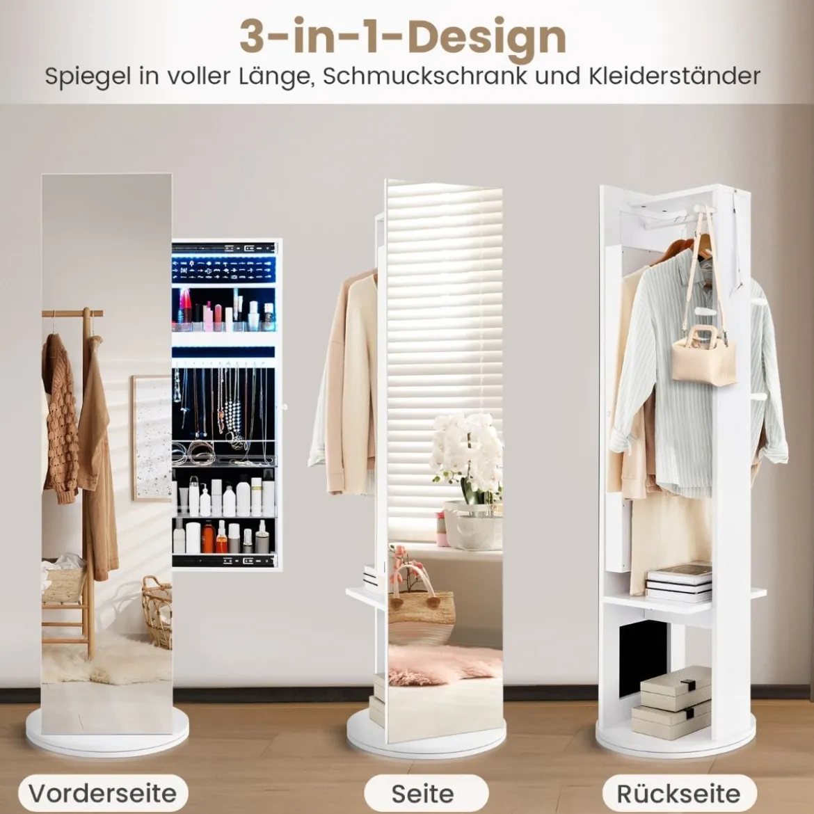 360° Drehbarer Schmuckschrank mit Spiegel & LED-Leuchten Freistehender Spiegelschrank