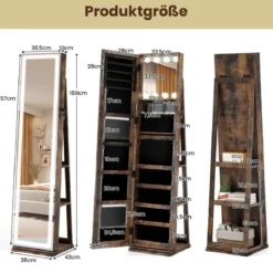 360° Drehbarer Schmuckschrank mit Beleuchtung & Spiegel Spiegelschrank Standspiegel Braun