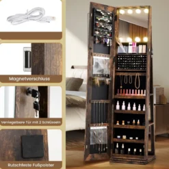 360° Drehbarer Schmuckschrank mit Beleuchtung & Spiegel Spiegelschrank Standspiegel Braun