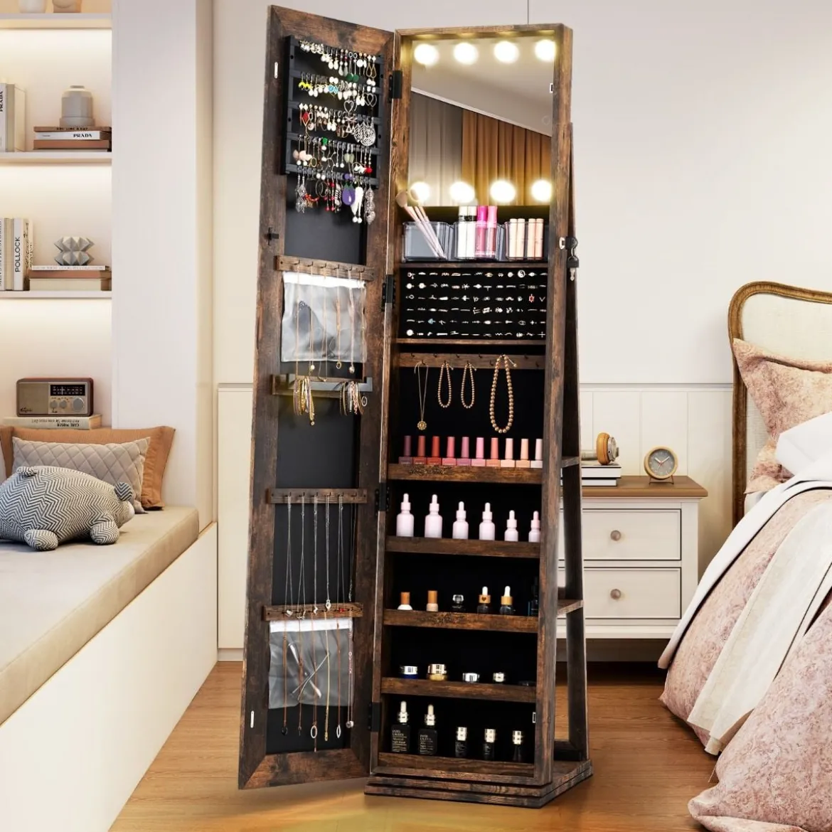 360° Drehbarer Schmuckschrank mit Beleuchtung & Spiegel Spiegelschrank Standspiegel Braun