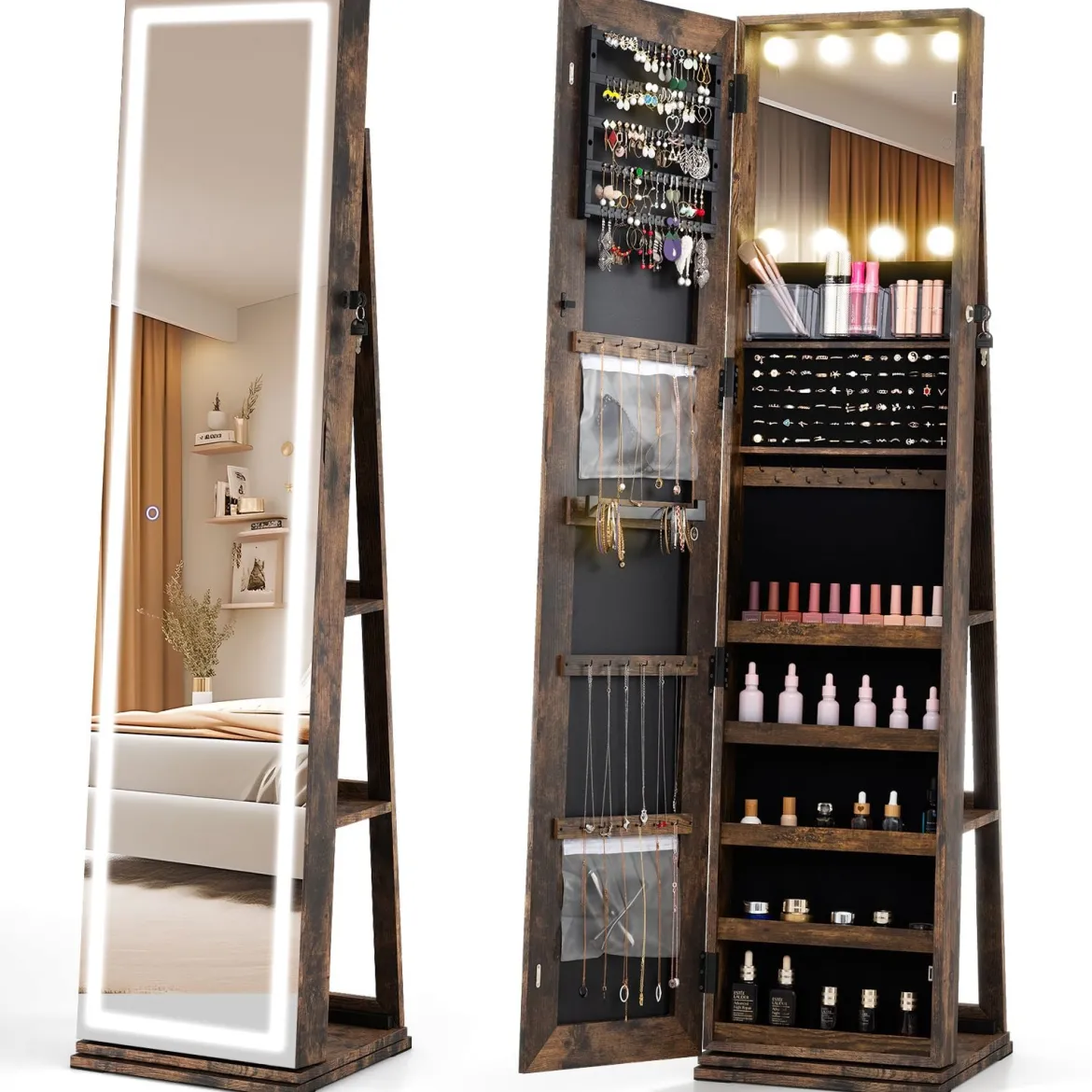 360° Drehbarer Schmuckschrank mit Beleuchtung & Spiegel Spiegelschrank Standspiegel Braun