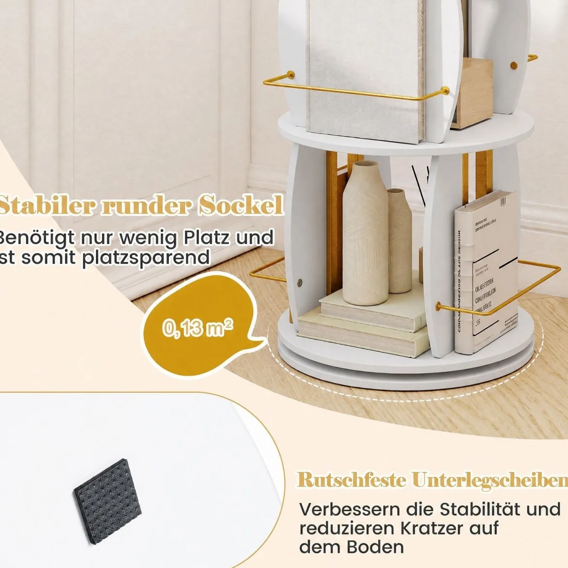 Drehbares Bücherregal Holz mit Rotierendem Sockel & Schutzgeländer 40 x 40 x 128,5 cm Weiß